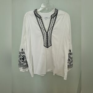 Chico's Women Size 16 Balloon Sleeve Embroided Statement Blouse Tunic Top Cotton